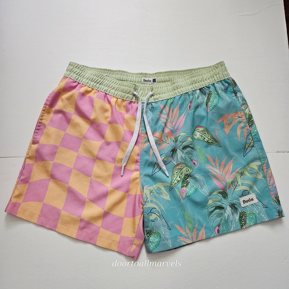 Duvin Design Co Men Swim Trunks sz L Split Checkerboard Tropical Floral Shorts
